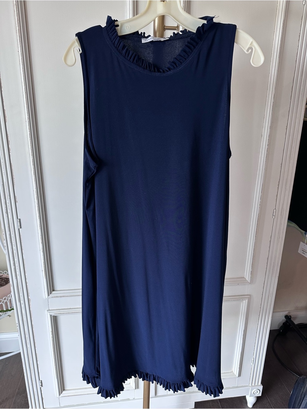 Annalee + Hope Navy Sleeveless Midi Dress with Ruffle Trim